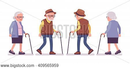 Old People, Elderly Man, Woman With Walking Cane. Senior Citizens, Retired Grandparents, Old-age Pen