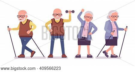 Old People, Active Elderly Man, Woman With Nordic Walking Poles. Sporty Senior Citizens, Retired Gra