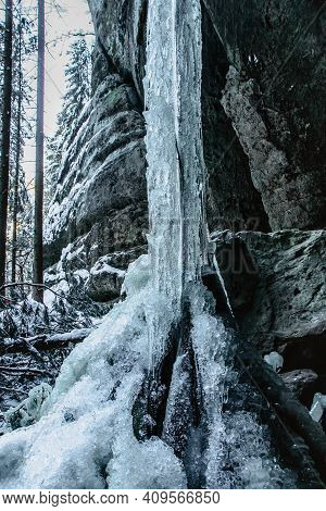 Fascinating Ice Formations And Icicles Called Brtnicke Ice Falls,cz Ledopady, In Bohemian Switzerlan