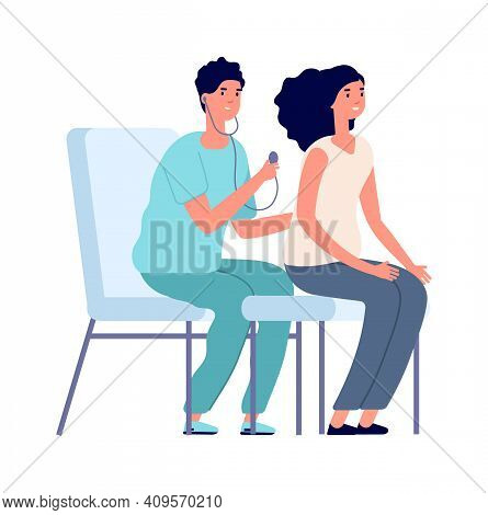 Medical Check Up. Woman And Doctor, Female Clinical Examination Healthcare. Flat Cartoon Girl At Hos