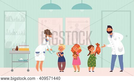 Children Vaccination. Flat Sick Child, Vaccinations Flu Or Viruses. Hospital Doctors, Pediatrician A