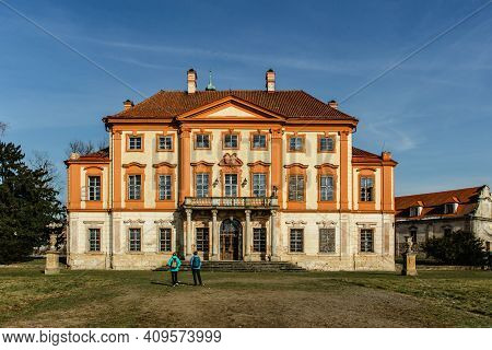 Tourists In Libechov, Old Abandoned Baroque Castle In Central Bohemia,czech Republic.romantic Buildi