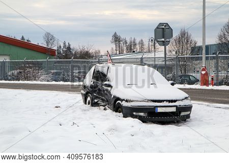 Abandoned Car In The Ditch After The Traffic Accident. The Driver Didn´t Give Way To The Other Car. 
