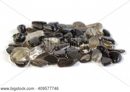 Macro Shooting Of Collection Natural Rock Set Of Morion, Smoky Quartz Crystals Gem Mineral Stones Is