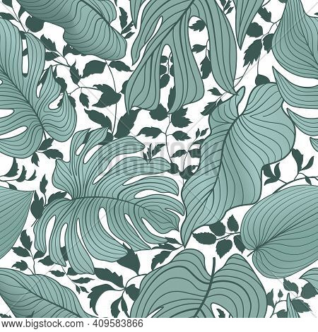 Floral Leaves Seamless Pattern. Foliage Garden Background. Floral Ornamenal Tropical Nature Summer P