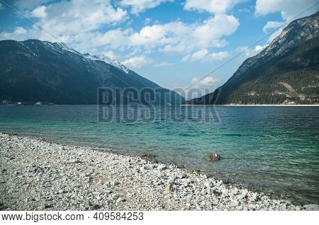 Alpine Lake Achensee With Green Turquoise Clear Water And Alps Mountains Landscape In Pertisau, Tiro