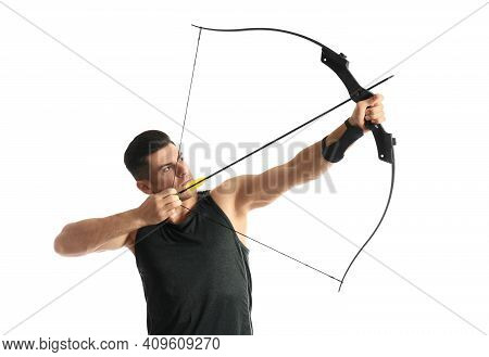 Man With Bow And Arrow Practicing Archery On White Background