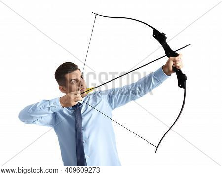 Businessman With Bow And Arrow Practicing Archery On White Background