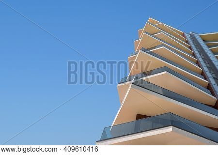 Concrete Modern Organic Building Facade Hotel Architecture Property Copy Space. Unusual Contemporary