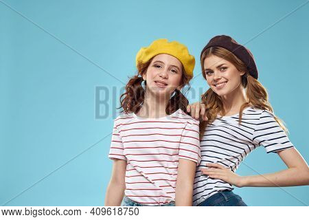 Funny Mom And Daughter Fashion Studio Lifestyle Fun Blue Background Family