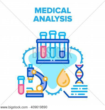 Medical Analysis Vector Icon Concept. Laboratory Flasks And Microscope For Researching And Testing A