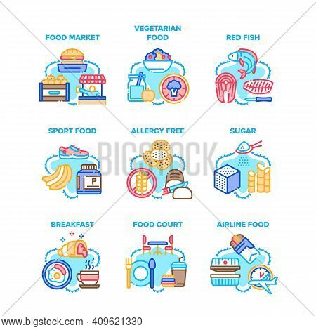 Food Meal Eating Set Icons Vector Illustrations. Food Market And Court, Vegetarian Nutrition And Red
