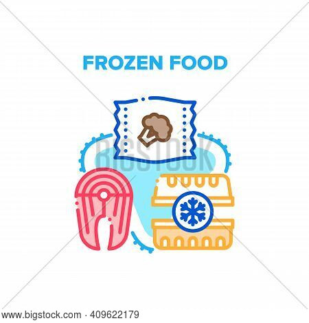 Frozen Food Vector Icon Concept. Fish Steak And Broccoli Vegetables In Bag, Container For Storaging 