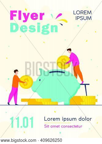 Two Investors Putting Coins In Piggybank. Bank, Money, Income Flat Vector Illustration. Finance And 