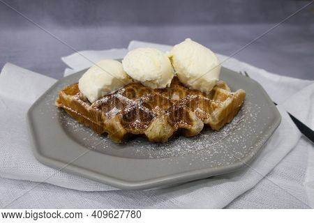 Freshly Croissant Waffle Called Croiffle. A Plain Croissant Baked In Waffle Machine.