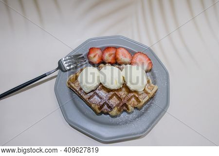 Freshly Croissant Waffle Called Croiffle. A Plain Croissant Baked In Waffle Machine.
