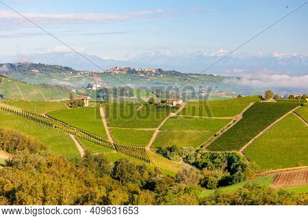View of the village of Serralunga d`Alba and the wonderful Langa, italy