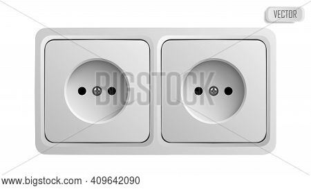 White Power Socket On Wall With Shadow, 3d Realistic Vector Illustration, Isolated On White Backgrou