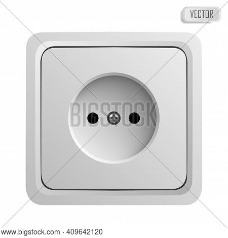 White Power Socket On Wall With Shadow, 3d Realistic Vector Illustration, Isolated On White Backgrou