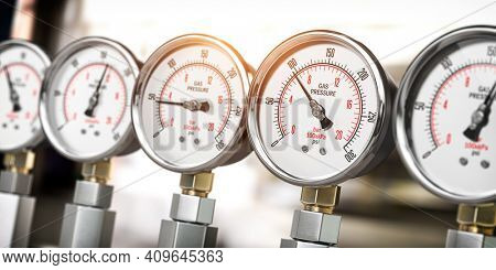 Row of gas pression gauge meters on gas pipeline. Gas extraction, production, delivery and supply concept. 3d illustration