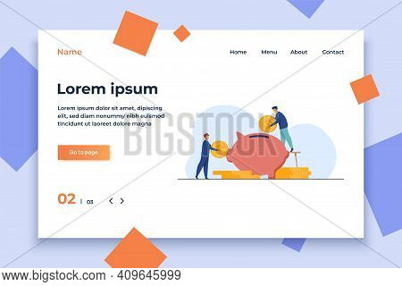 Two Investors Putting Coins In Piggybank. Bank, Money, Income Flat Vector Illustration. Finance And 