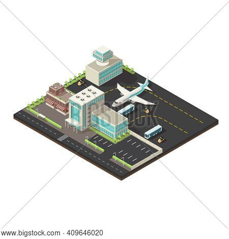 Isometric Airport Exterior Concept With Terminal Control Tower Cafe Buildings Vehicles Parking Zone 
