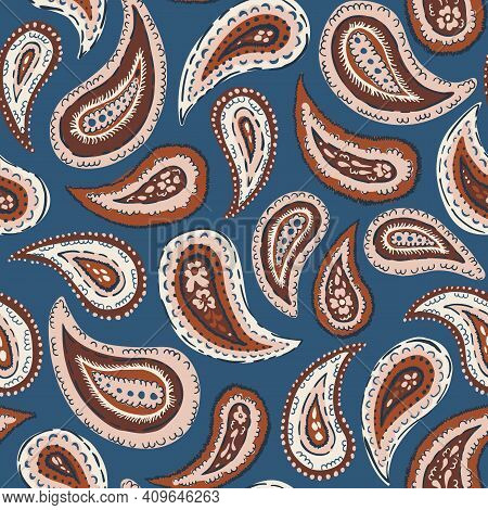 Hand-drawn Artistic Natural Tones Paisley Vector Seamless Pattern. Boho Traditional Ethnic Fashion S
