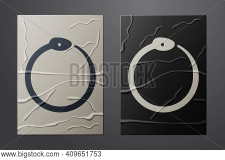 White Magic Symbol Of Ouroboros Icon Isolated On Crumpled Paper Background. Snake Biting Its Own Tai
