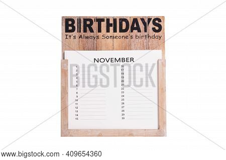 Birthday Calander Isolated On White Background - November