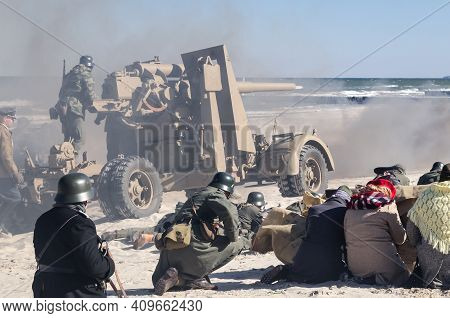 Kolobrzeg, West Pomeranian / Poland - 2018:  Reconstruction Of Battle For Kołobrzeg - German Soldier