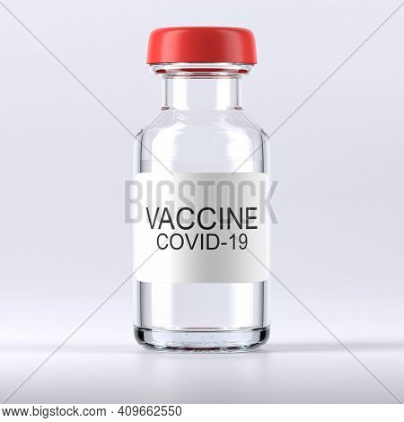 Coronavirus Vaccine. Glass Bottle, Vial, Packaging With Medicine Against Covid-19. 3d Illustration.