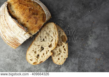 Sourdough Rustic Bread. Traditional Homemade Bread, Top View, Copy Space For Text.