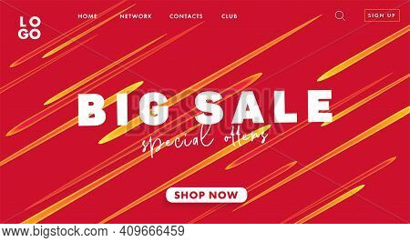 Big Sale Web Banner On Shopping Landing Page With Abstract Falling Commets Or Prices And Call To Act