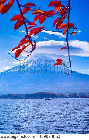 Romantic Japanese Destinations. Kawaguchiko Lake In Front Of Picturesque Fuji Mountain With Little B