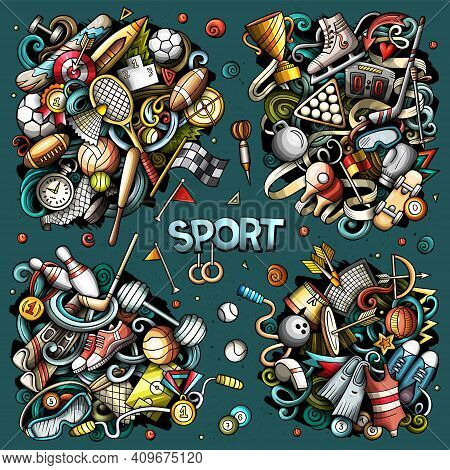 Sports Cartoon Vector Doodle Designs Set. Colorful Detailed Compositions With Lot Of Sporting Object
