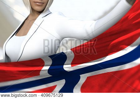 Pretty Business Lady Is Holding Norway Flag In Front Of Her On The  Mall Background - Flag Concept 3