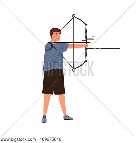 Disabled Athlete Archer Aiming, Hold Sports Bow Vector Flat Illustration. Sportsman With Amputated H