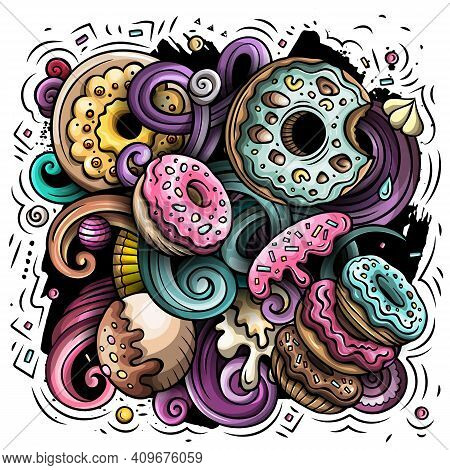 Donuts Vector Doodles Illustration. Sweets Poster Design. Doughnut Elements And Objects Cartoon Back
