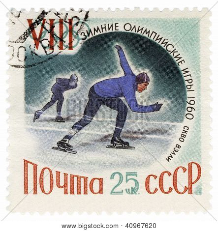 Piste de course patineurs sur timbre postal