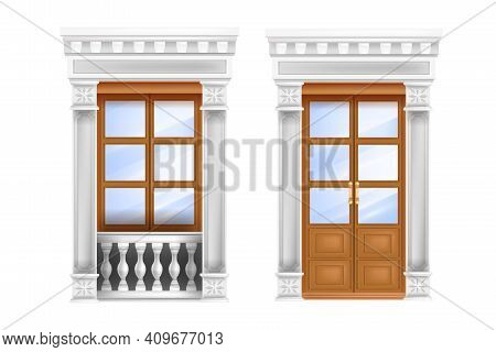 Classic Vector Door, Roman Traditional Double Entrance, Balustrade, Marble Portal Window Isolated On
