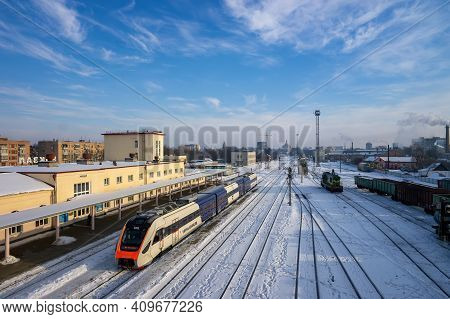 Cherkasy, Ukraine - February 20, 2021: Modern Diesel Train At The Railway Station Cherkasy, Ukraine 