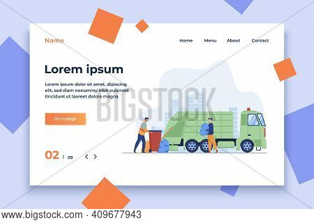 Trash Pickup Worker Cleaning Dustbin At Truck. Man Carrying Trash In Plastic Bag Flat Vector Illustr