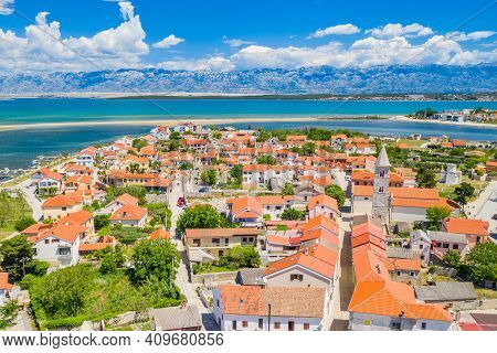 Old Town On Nin On Adriatic Coast In Croatia, Seascape And Velebit Mountain In Background, Panoramic
