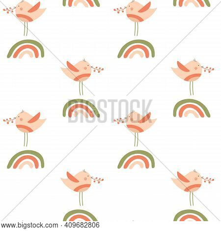 Birds With Branch And Rainbaws. Season Seamless Pattern. Vector Hand Drawn Illustration. Spring Orna