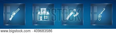Set Hunting Gun, Shop Weapon, Wooden Axe And Revolver. Square Glass Panels. Vector
