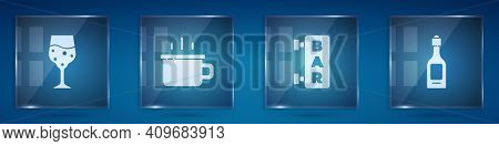 Set Glass Of Champagne, Coffee Cup, Street Signboard With Bar And Champagne Bottle. Square Glass Pan