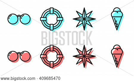 Set Line Wind Rose, Glasses, Lifebuoy And Ice Cream In Waffle Cone Icon. Vector