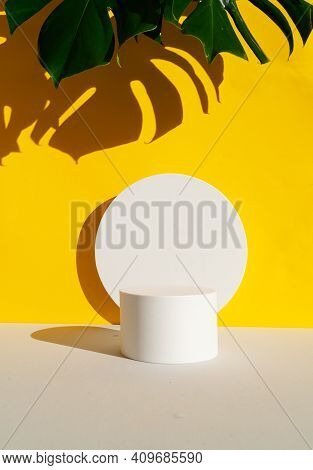 Minimal Modern Product Display Podium On Textured Gray And Illuminating Yellow Background With Moste