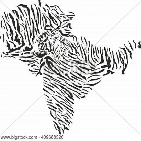 Vector Illustration Of A Tiger Fur Pattern And Tiger Head Background In The Shape Of The Indian Peni