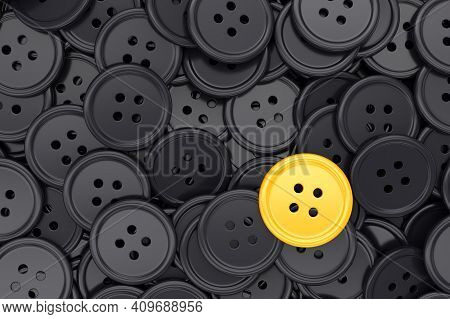 Unique Yellow Clothing Sewing Button Among Many Dark Ones. Standing Out From Crowd, Individuality An